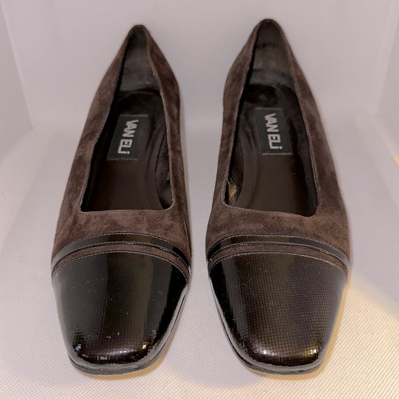 Van Eli Vero Cuoio Brown Suede Pumps with Patent Leather Vamp Size 8.5 - EUC - Picture 2 of 12